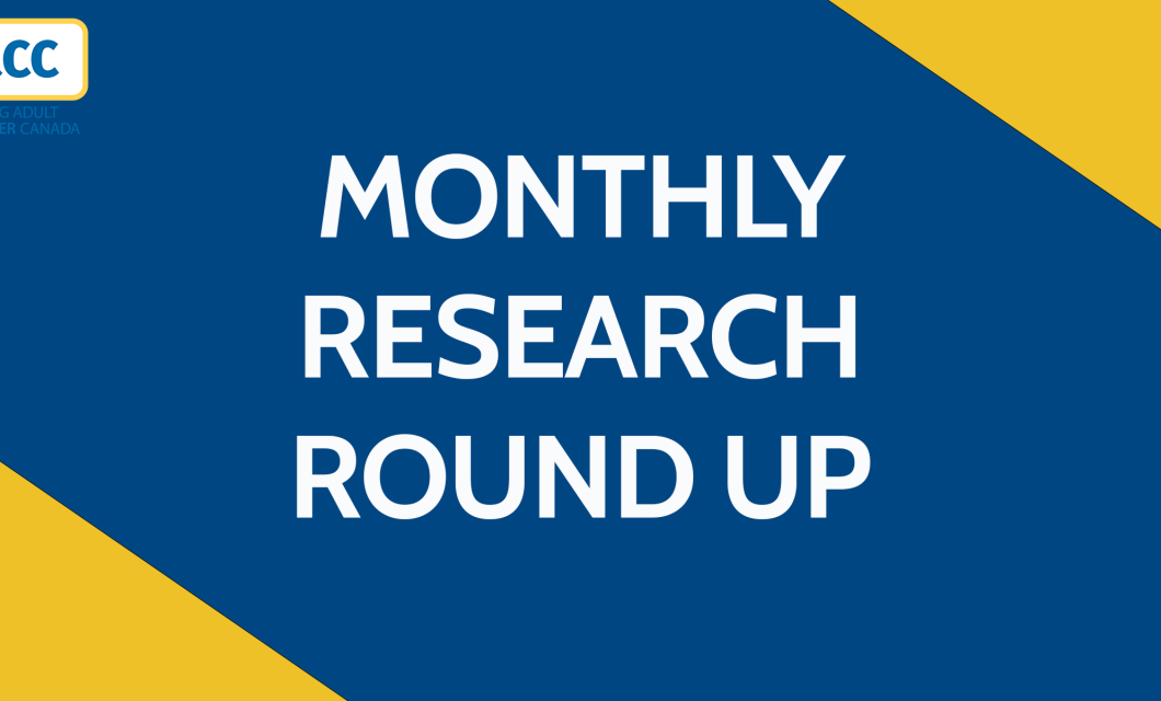 A dark blue rectangle has yellow corners in the top right and bottom left. In the middle, white text reads "monthly research round up." The YACC logo is in the top left corner.