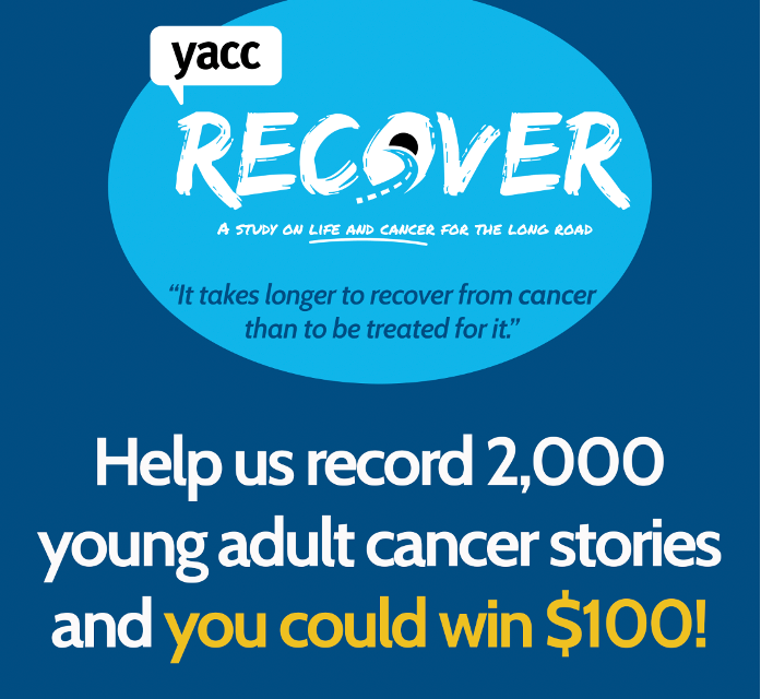 A square graphic with a dark blue background. There is a bright blue oval at the top with the Recover logo in white in the centre. The copy in the oval reads, "A study on live and cancer for the long road. 'It takes longer to recover from cancer than it takes to be treated for it.'" On the bottom of the image, it reads, "Help us record 2,000 young adult cancer stories and you could win $100!"