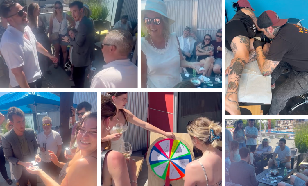 A collage of photos from THEevent. In the images, people are participating in magic tricks, spinning a wheel of chance, getting tattooed, and mingling on a sunny patio.