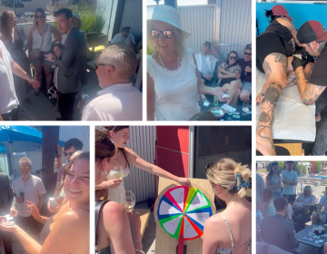 A collage of photos from THEevent. In the images, people are participating in magic tricks, spinning a wheel of chance, getting tattooed, and mingling on a sunny patio.