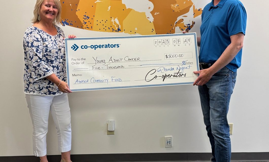 Rhonda Nugent (left) presents a cheque to Geoff Eaton, YACC executive director (right)